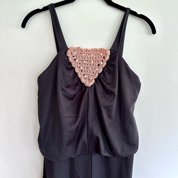 🏴VINTAGE 70s Boho Macrame Knit Woven Wide Jumpsuit - Picture 3 of 5